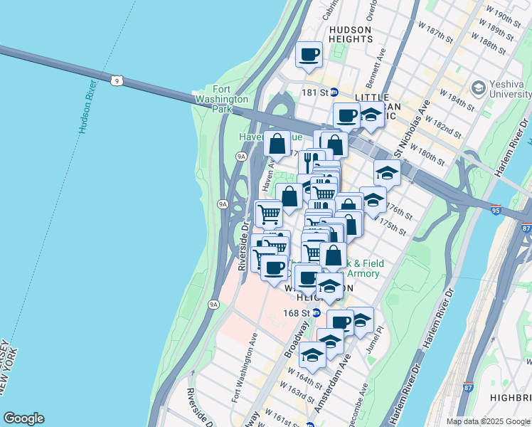 map of restaurants, bars, coffee shops, grocery stores, and more near 120 Haven Avenue in New York