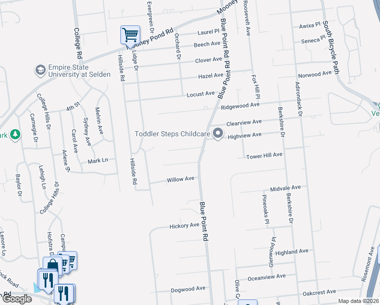 map of restaurants, bars, coffee shops, grocery stores, and more near 14 Tulip Avenue in Farmingville