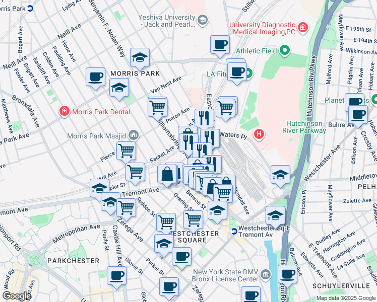 map of restaurants, bars, coffee shops, grocery stores, and more near 1518 Williamsbridge Road in Bronx