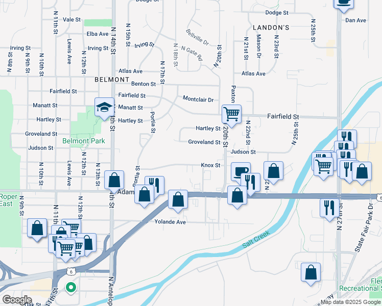 map of restaurants, bars, coffee shops, grocery stores, and more near 1822 Knox Street in Lincoln