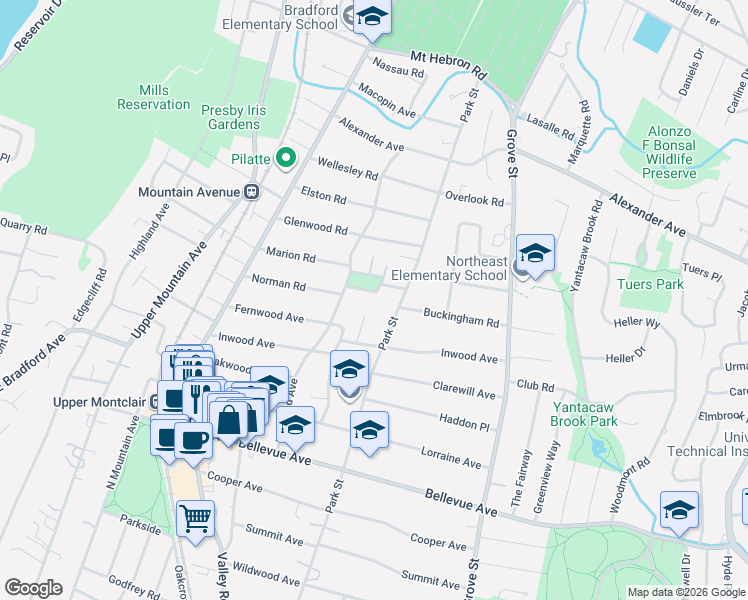map of restaurants, bars, coffee shops, grocery stores, and more near 12 Inwood Terrace in Montclair
