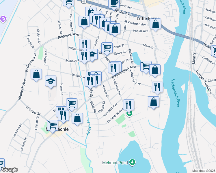 map of restaurants, bars, coffee shops, grocery stores, and more near 26 Hester Street in Little Ferry