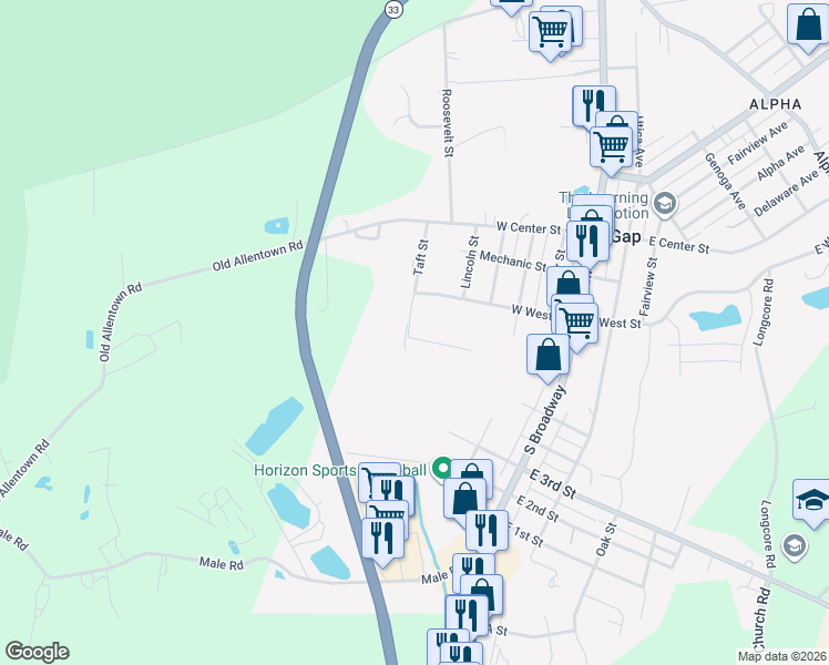 map of restaurants, bars, coffee shops, grocery stores, and more near 401-457 6th Street in Wind Gap