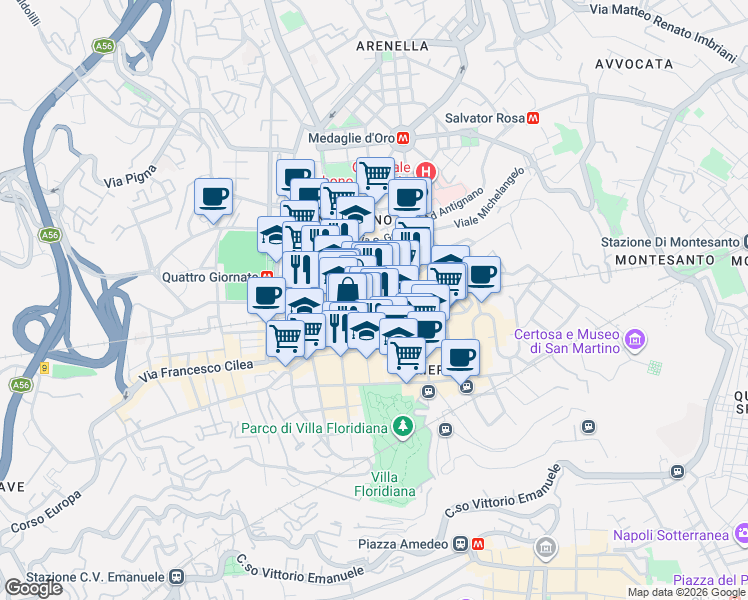 map of restaurants, bars, coffee shops, grocery stores, and more near 78 Via Solimena in Napoli