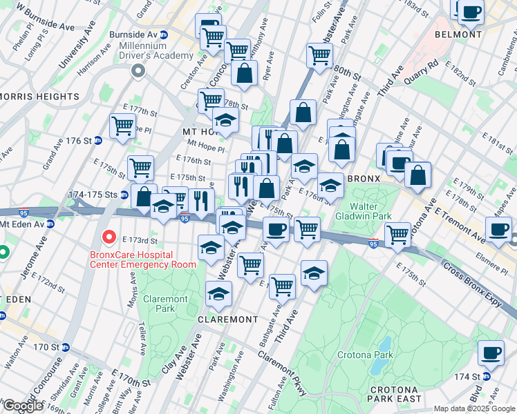 map of restaurants, bars, coffee shops, grocery stores, and more near in The Bronx