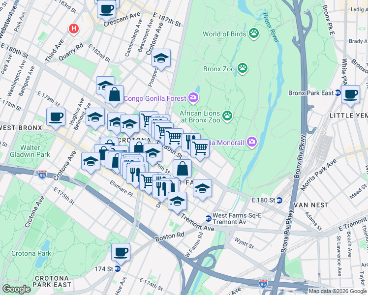 map of restaurants, bars, coffee shops, grocery stores, and more near 2102 Honeywell Avenue in The Bronx