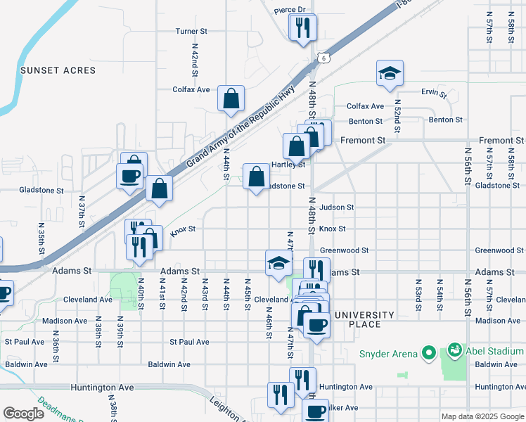 map of restaurants, bars, coffee shops, grocery stores, and more near 4535 Judson Street in Lincoln