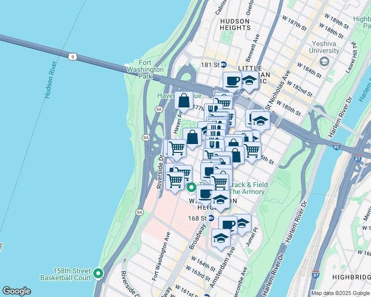 map of restaurants, bars, coffee shops, grocery stores, and more near 725 West 172nd Street in New York