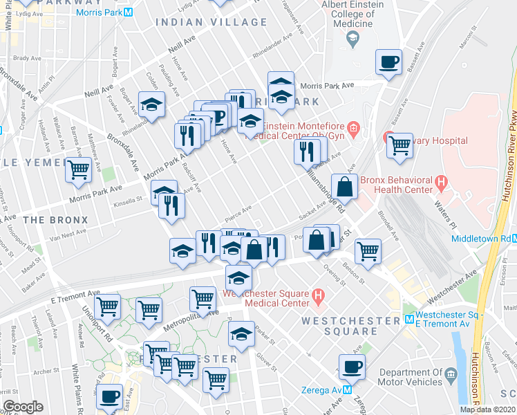map of restaurants, bars, coffee shops, grocery stores, and more near 1038 Pierce Avenue in Bronx