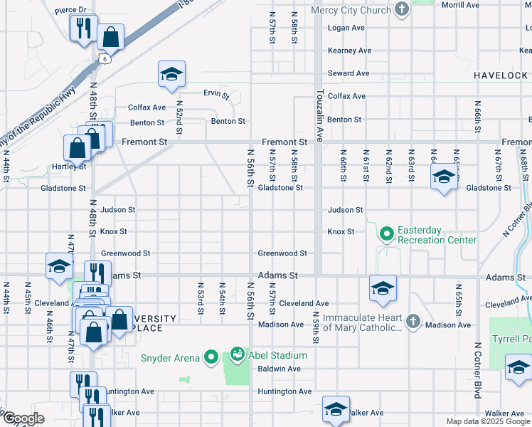 map of restaurants, bars, coffee shops, grocery stores, and more near 5641 Judson Street in Lincoln