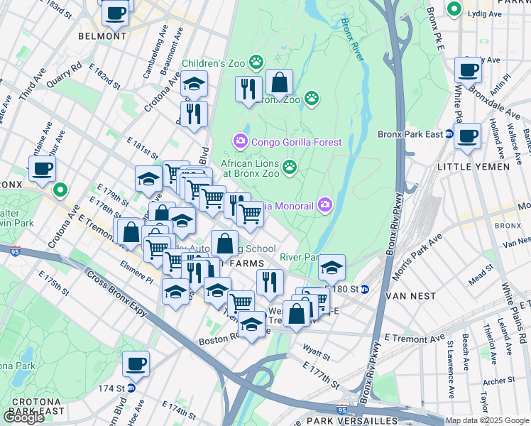 map of restaurants, bars, coffee shops, grocery stores, and more near 950 Bronx Park South in Bronx