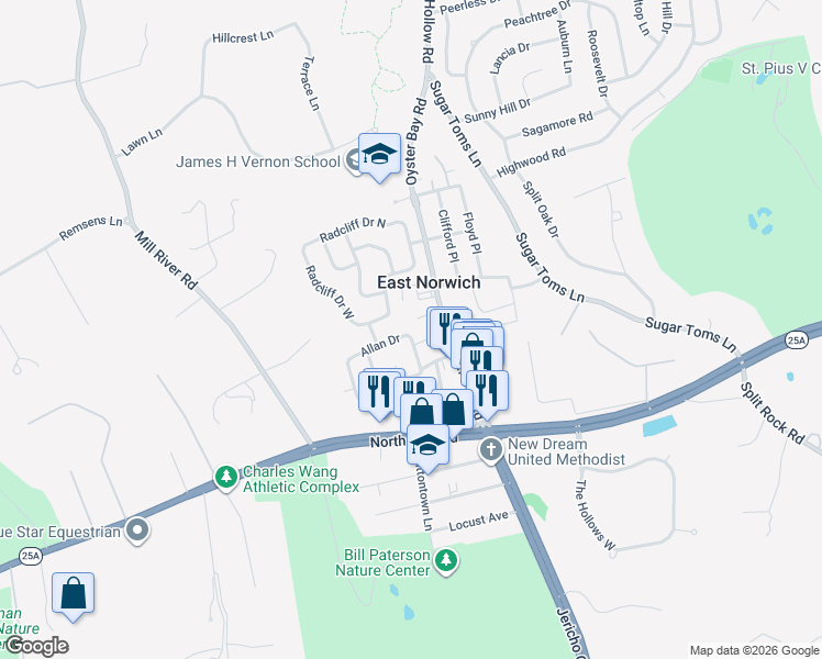 map of restaurants, bars, coffee shops, grocery stores, and more near 64 Allan Drive in East Norwich