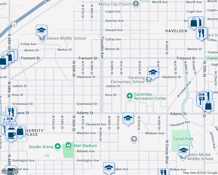 map of restaurants, bars, coffee shops, grocery stores, and more near 3219 North 60th Street in Lincoln