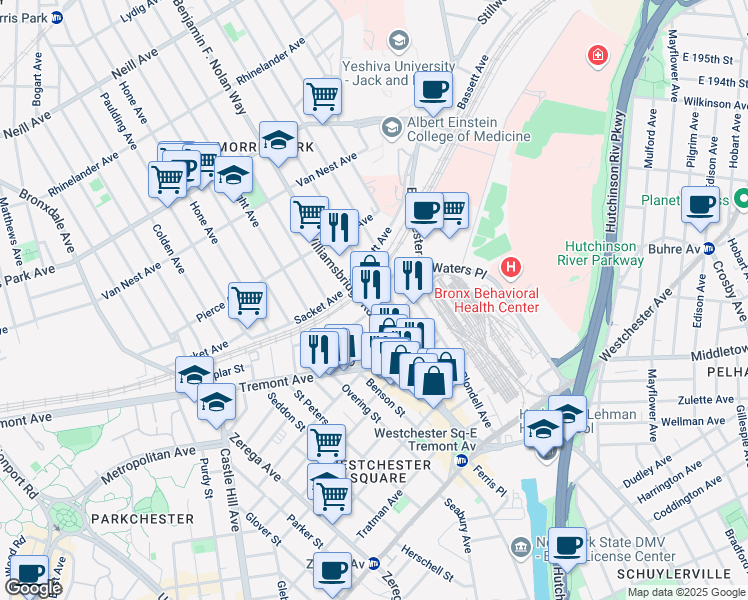 map of restaurants, bars, coffee shops, grocery stores, and more near 1530 Williamsbridge Road in Bronx