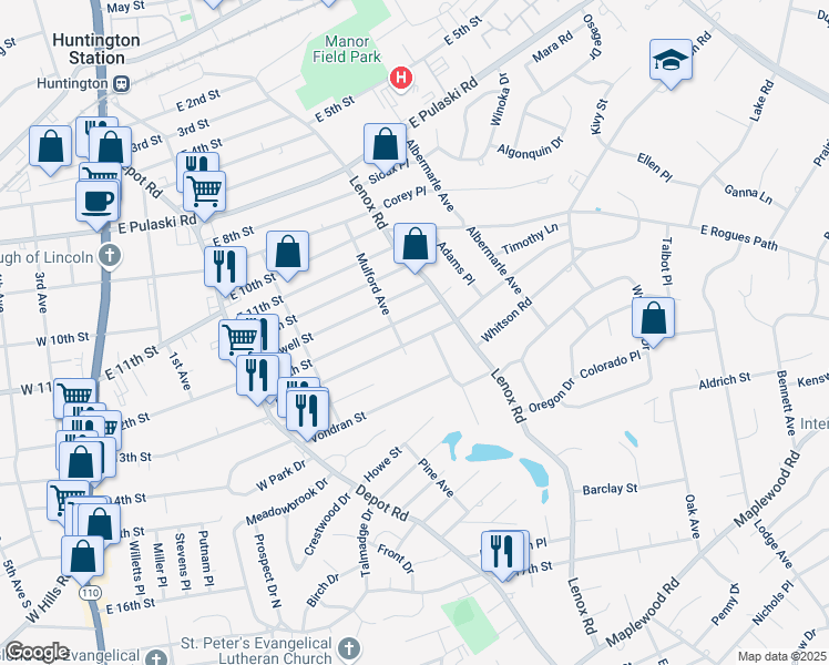 map of restaurants, bars, coffee shops, grocery stores, and more near 123 East 13th Street in Huntington Station