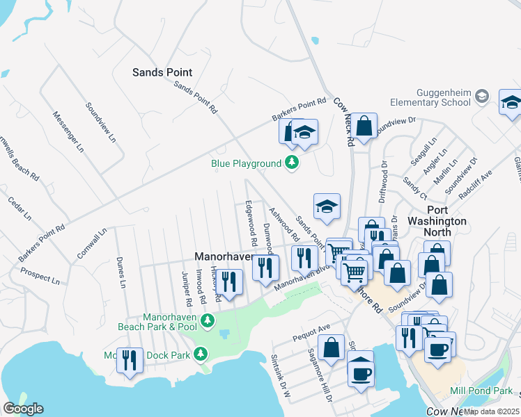map of restaurants, bars, coffee shops, grocery stores, and more near 60 Edgewood Road in Port Washington