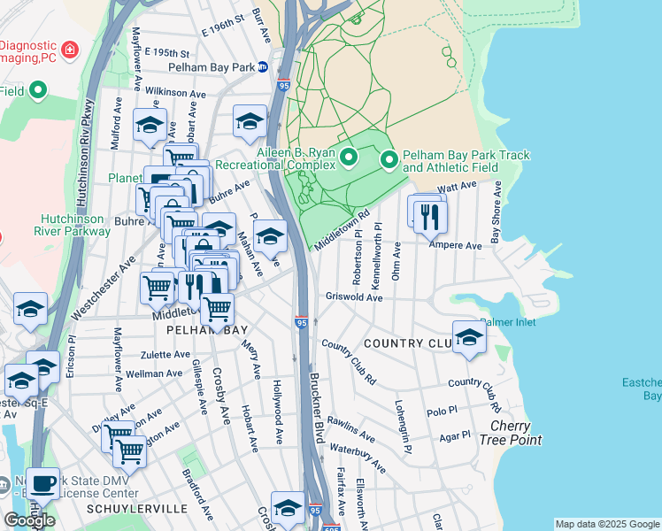 map of restaurants, bars, coffee shops, grocery stores, and more near 1522 Dwight Place in Bronx