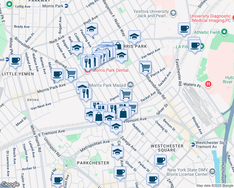 map of restaurants, bars, coffee shops, grocery stores, and more near 995 Pierce Avenue in Bronx