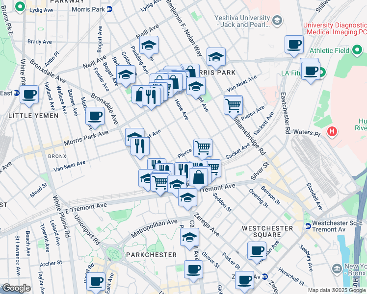 map of restaurants, bars, coffee shops, grocery stores, and more near 995 Pierce Avenue in Bronx