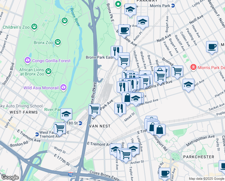 map of restaurants, bars, coffee shops, grocery stores, and more near 1821 Unionport Road in Bronx