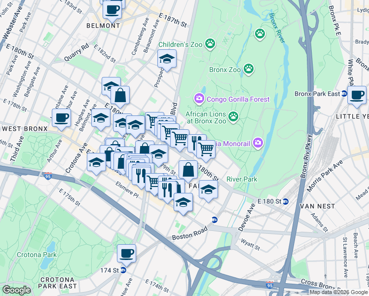 map of restaurants, bars, coffee shops, grocery stores, and more near 2102 Honeywell Avenue in The Bronx