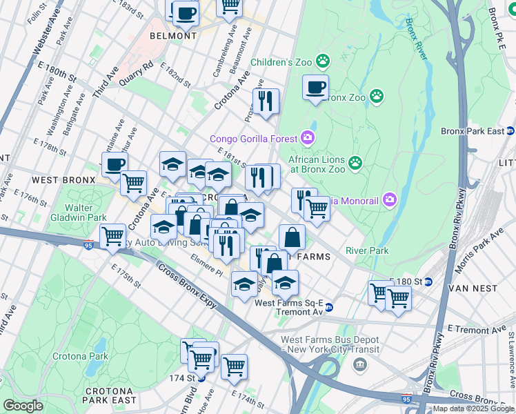 map of restaurants, bars, coffee shops, grocery stores, and more near 2079 Mohegan Avenue in The Bronx