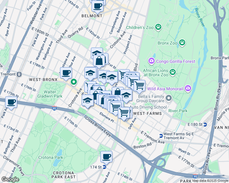 map of restaurants, bars, coffee shops, grocery stores, and more near 2035 Marmion Avenue in The Bronx