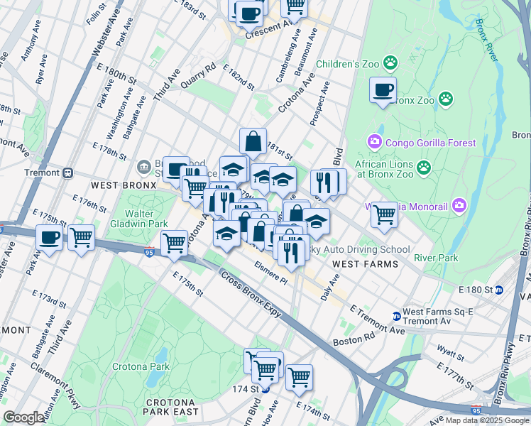 map of restaurants, bars, coffee shops, grocery stores, and more near in Bronx