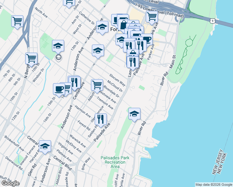map of restaurants, bars, coffee shops, grocery stores, and more near 210 Riverdale Drive in Fort Lee