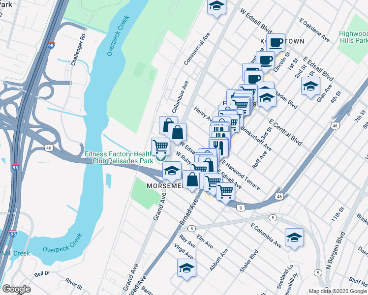 map of restaurants, bars, coffee shops, grocery stores, and more near 46 West Edsall Avenue in Palisades Park