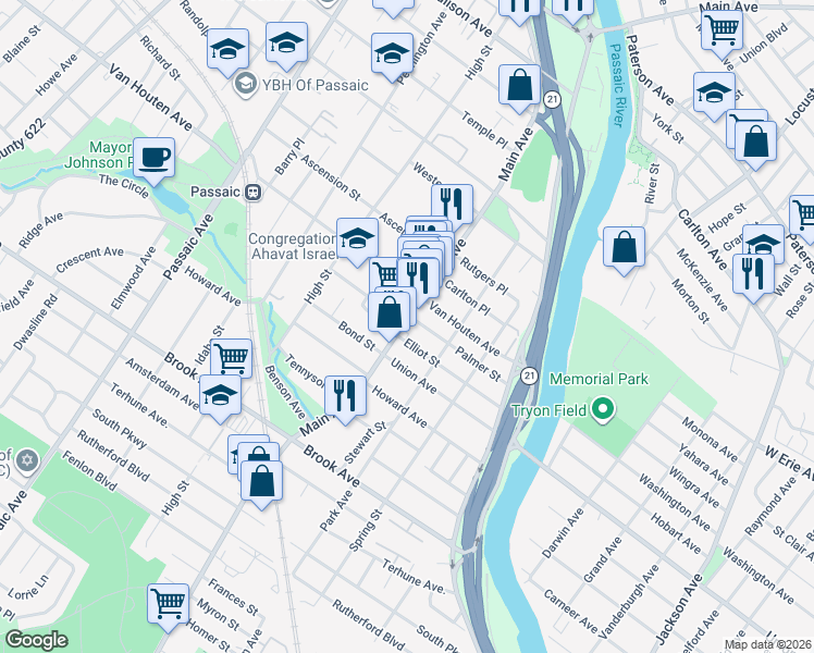 map of restaurants, bars, coffee shops, grocery stores, and more near 99 Palmer Street in Passaic