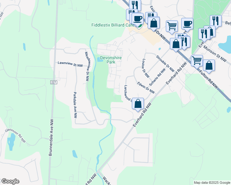map of restaurants, bars, coffee shops, grocery stores, and more near 4440 South Boulevard Northwest in Canton