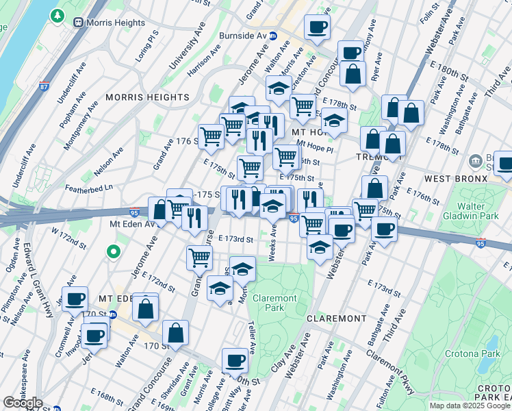 map of restaurants, bars, coffee shops, grocery stores, and more near 551 East 174th Street in The Bronx