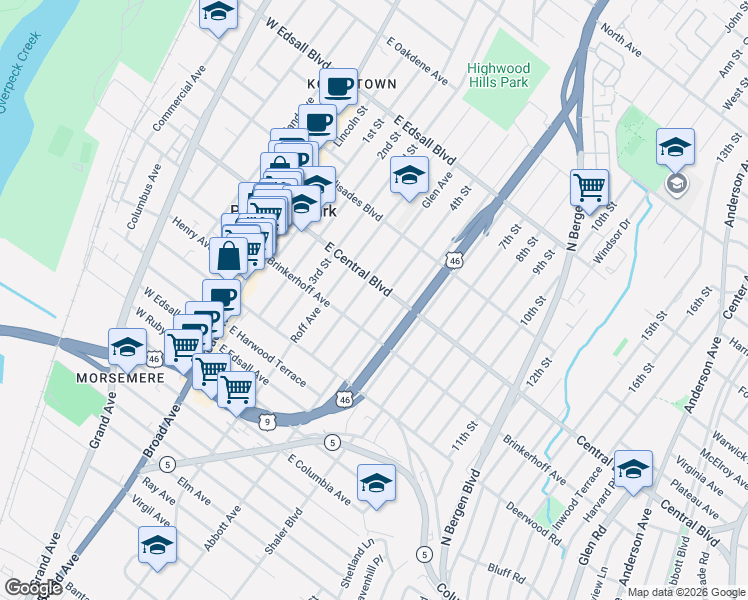 map of restaurants, bars, coffee shops, grocery stores, and more near 268B 4th Street in Palisades Park
