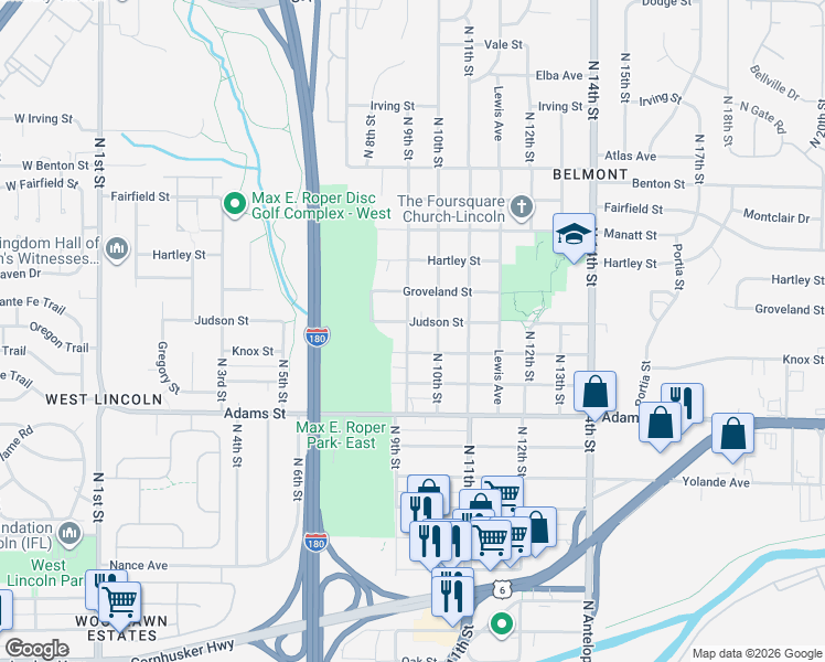 map of restaurants, bars, coffee shops, grocery stores, and more near 906 Knox Street in Lincoln