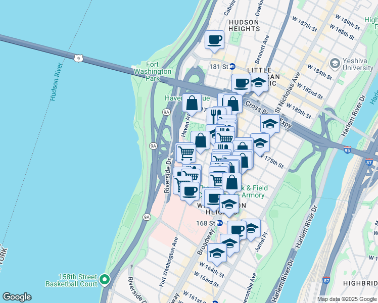 map of restaurants, bars, coffee shops, grocery stores, and more near 735 West 172nd Street in New York