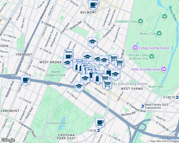 map of restaurants, bars, coffee shops, grocery stores, and more near in The Bronx