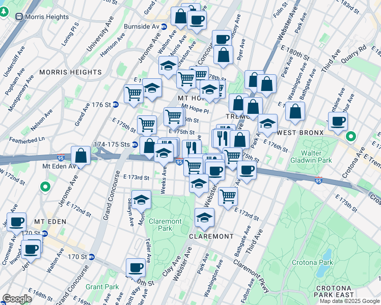 map of restaurants, bars, coffee shops, grocery stores, and more near 1744 Clay Avenue in Bronx