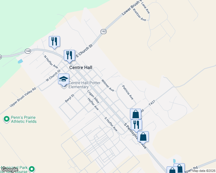 map of restaurants, bars, coffee shops, grocery stores, and more near East Ridge Street in Centre Hall