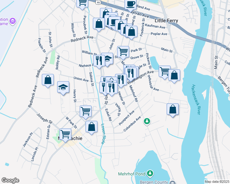 map of restaurants, bars, coffee shops, grocery stores, and more near 213 Washington Avenue in Little Ferry