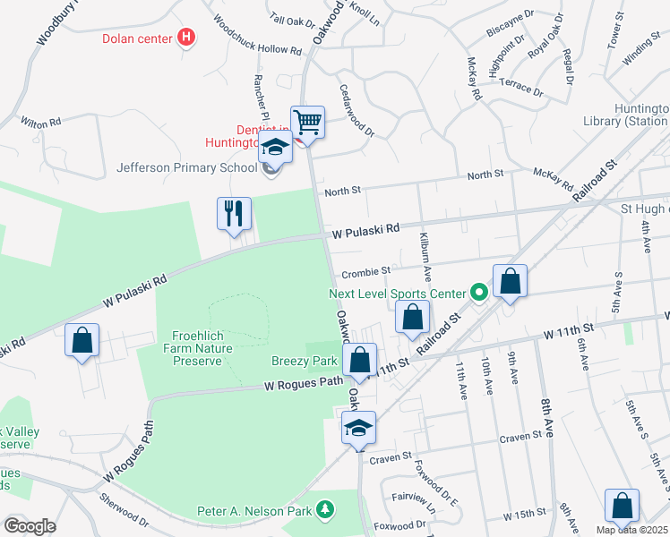 map of restaurants, bars, coffee shops, grocery stores, and more near 314 Oakwood Road in Huntington Station