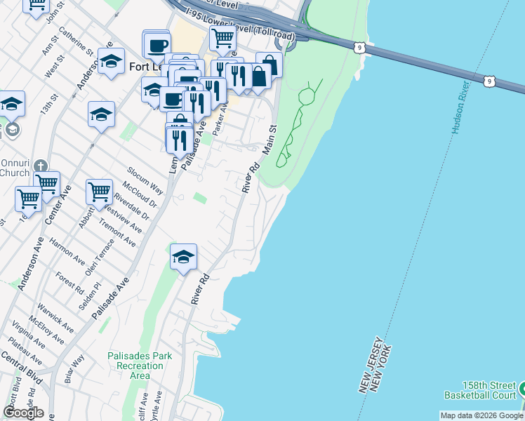 map of restaurants, bars, coffee shops, grocery stores, and more near 15 Shore Road in Edgewater