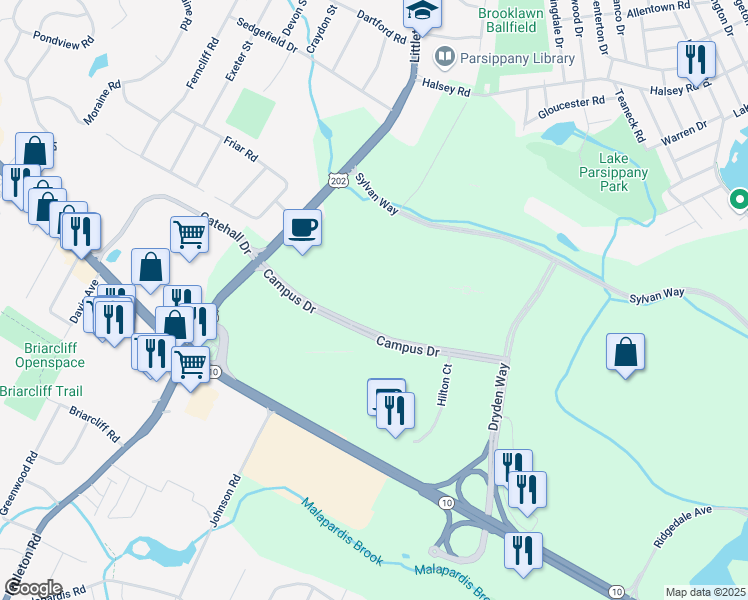 map of restaurants, bars, coffee shops, grocery stores, and more near 4 Campus Drive in Parsippany-Troy Hills