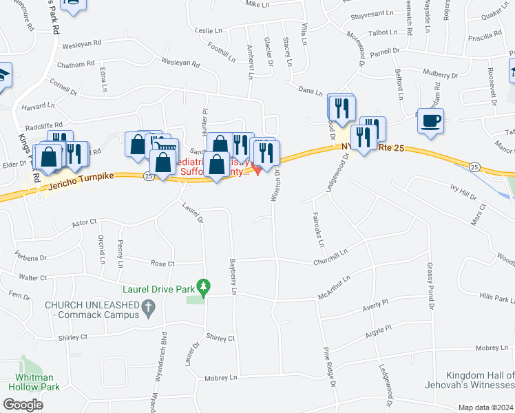 map of restaurants, bars, coffee shops, grocery stores, and more near 12 Winston Drive in Smithtown