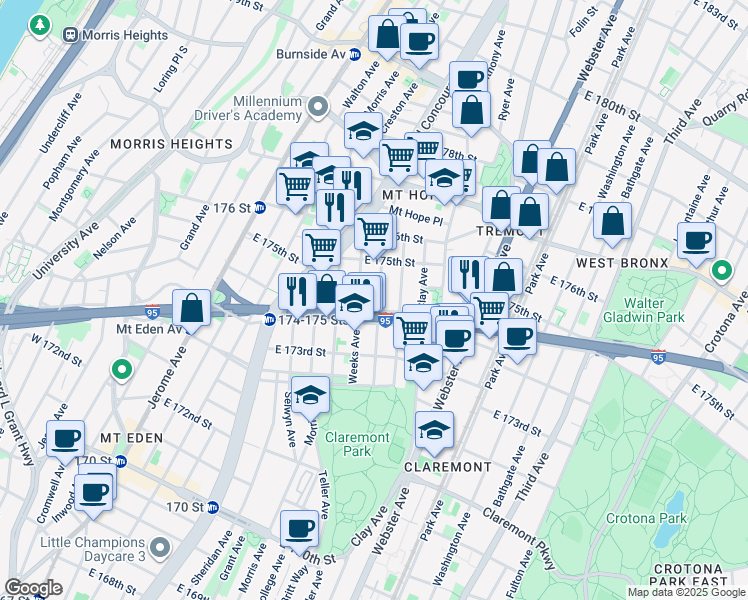 map of restaurants, bars, coffee shops, grocery stores, and more near 1751 Monroe Avenue in Bronx