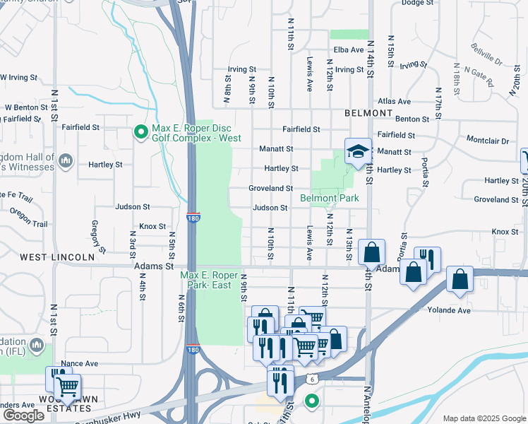 map of restaurants, bars, coffee shops, grocery stores, and more near 921 Judson Street in Lincoln