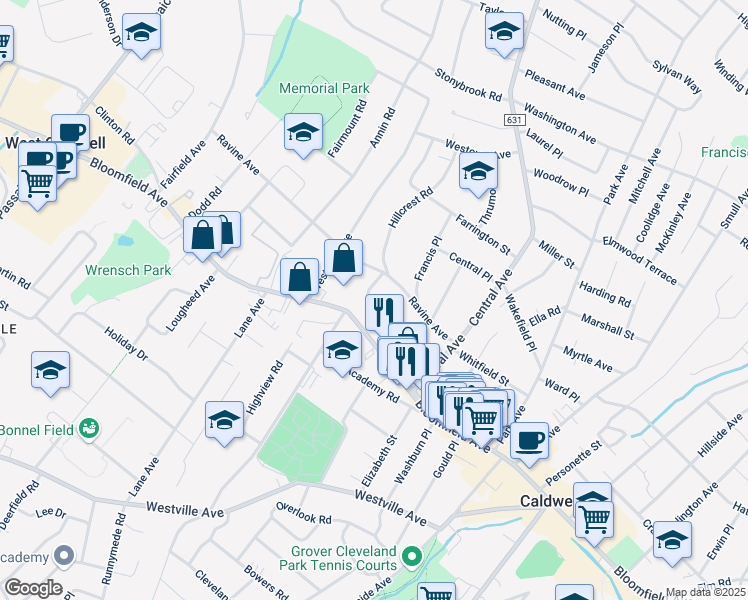 map of restaurants, bars, coffee shops, grocery stores, and more near 507 Bloomfield Avenue in Caldwell