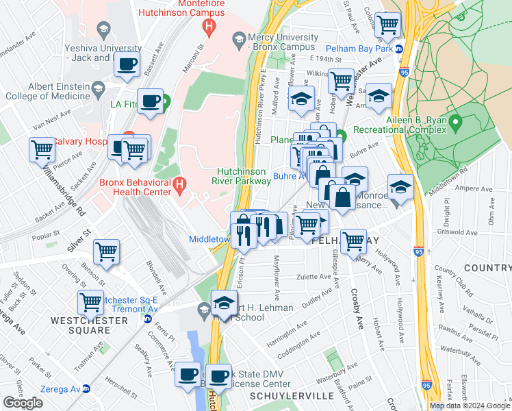 map of restaurants, bars, coffee shops, grocery stores, and more near 1662A Hutchinson River Parkway in The Bronx