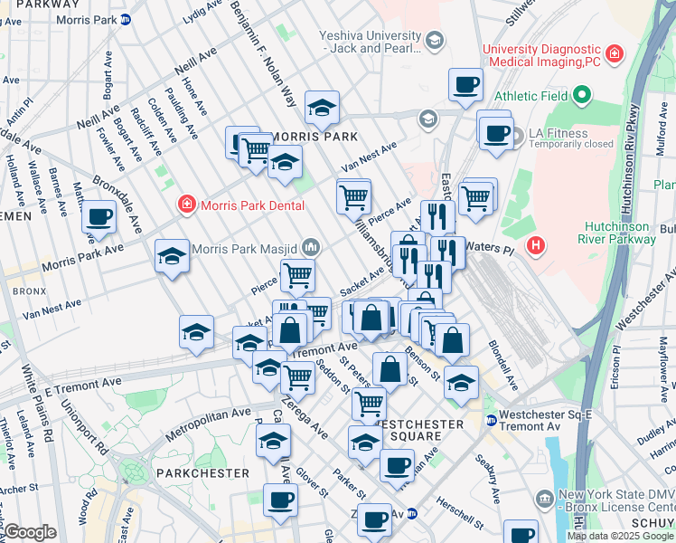 map of restaurants, bars, coffee shops, grocery stores, and more near 1540 Haight Avenue in Bronx