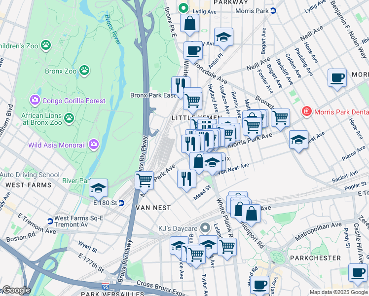 map of restaurants, bars, coffee shops, grocery stores, and more near in The Bronx